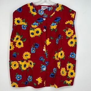 Castle Harbor Womens XL Button Front Sleeveless Smock Top Red Blue Yellow Floral